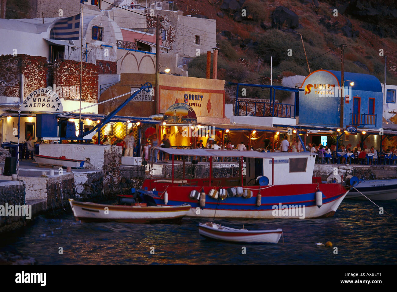Fish Taverns, Amoudi Bay, near Oia, Santorin Kykladen, Greece Stock Photo