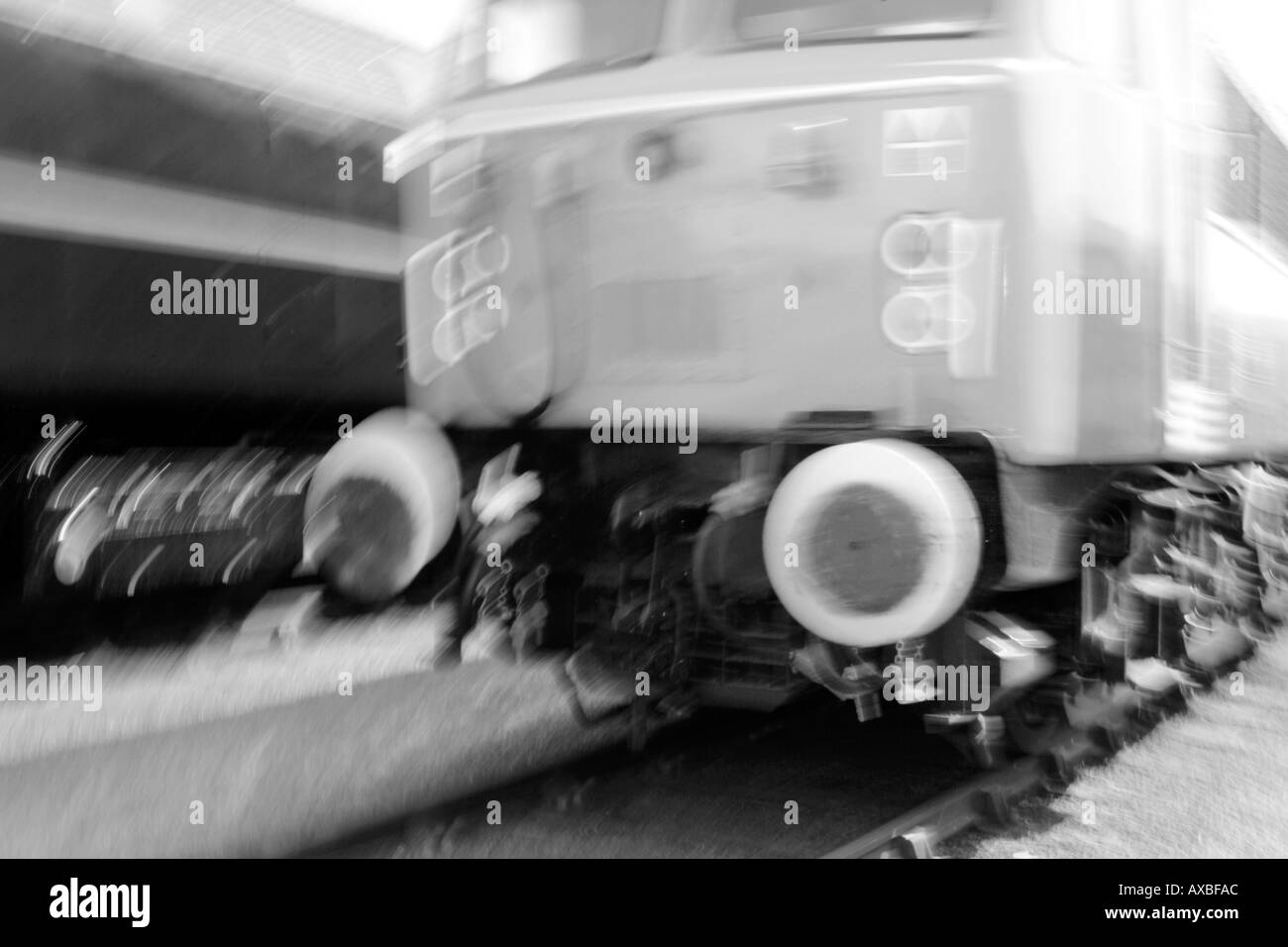 diesel train on the move blur movement speed vibration Stock Photo