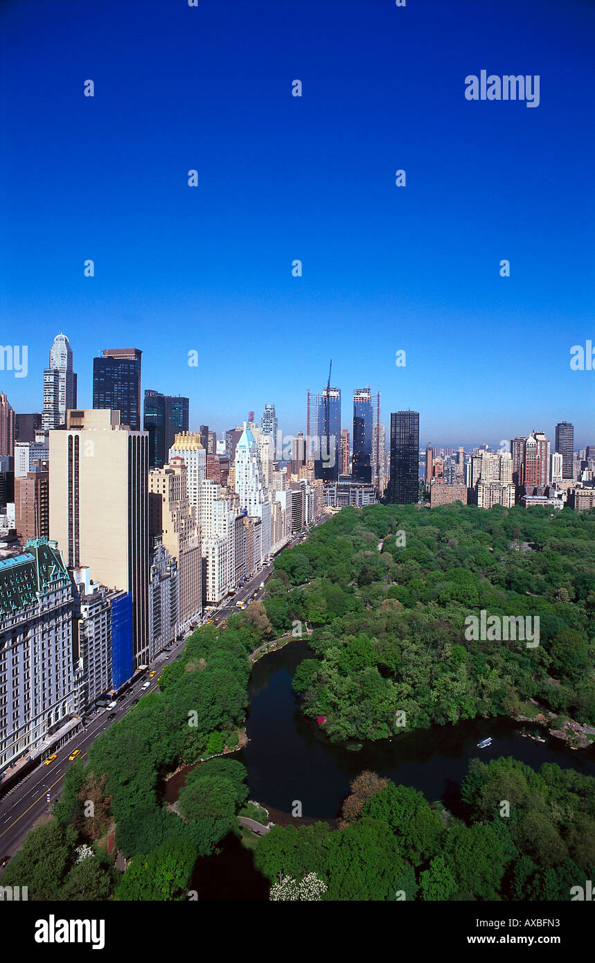 View at high rise buildings and Central Park under blue sky, Manhattan, New York, USA, America Stock Photo