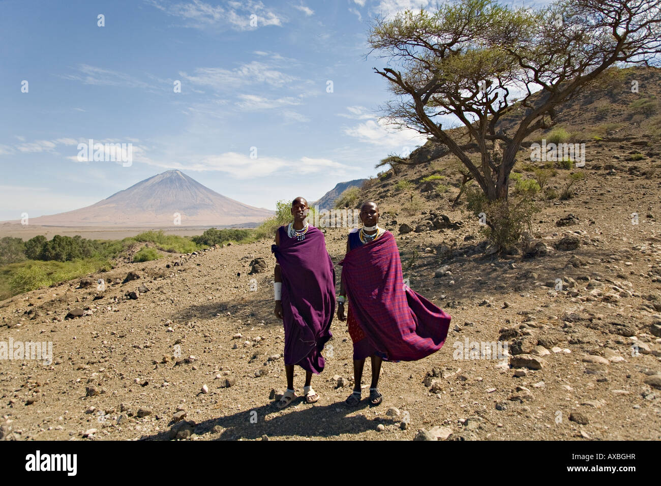 Masai men, Ol' Donyo Lengai volcano visible in a distance, Tanzania, Africa Stock Photo