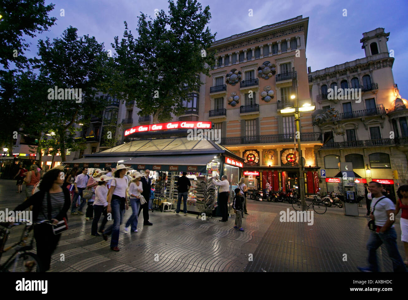 Spain Barcelona Las Ramblas dusk tourists Stock Photo