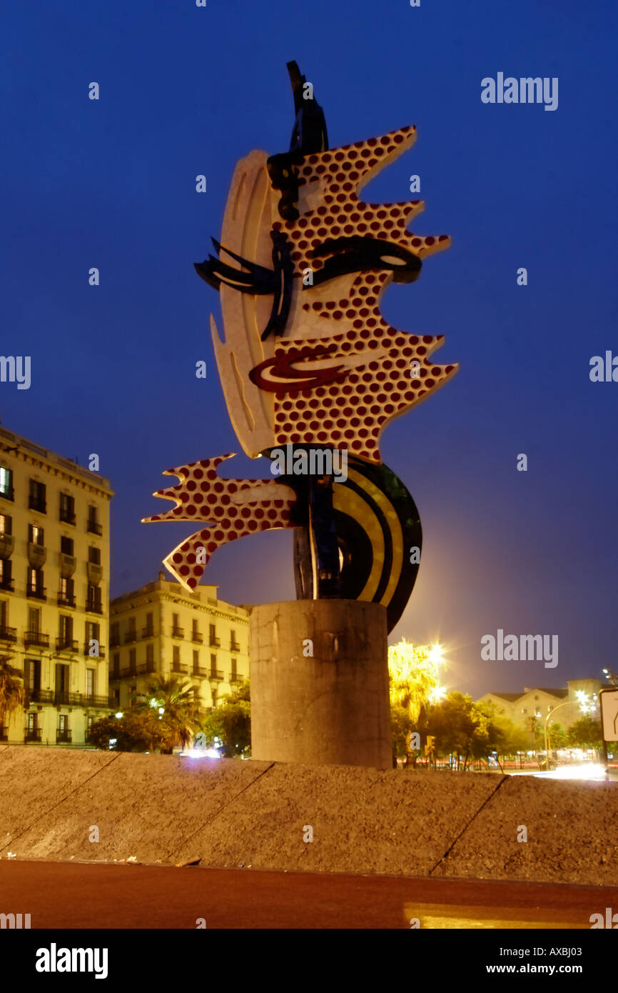 Spain Barcelona Roy Lichtenstein sculpture near Palau del Mar at night Stock Photo