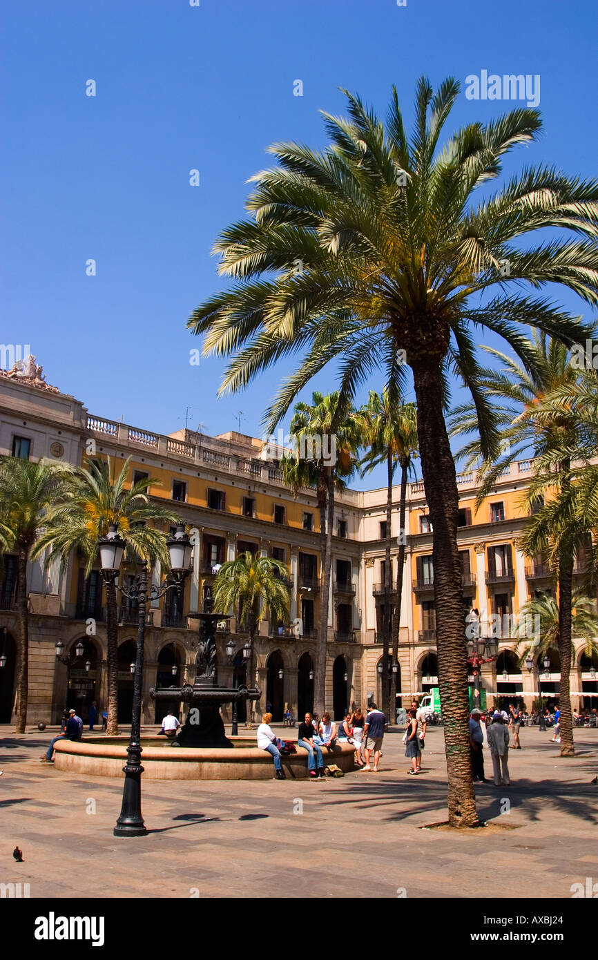 Barcelona Plaze Real palm trees tourists fountain Stock Photo