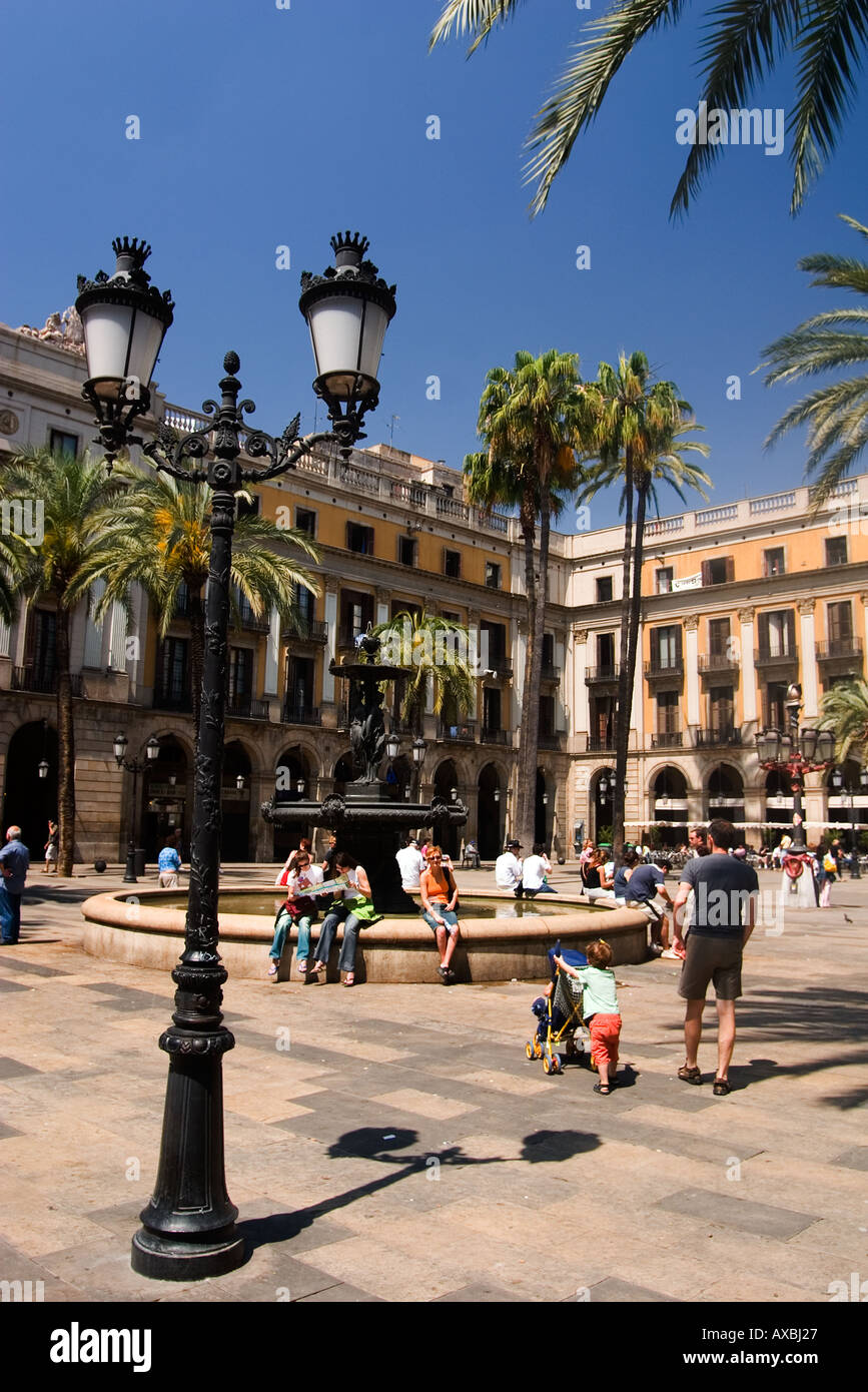 Barcelona Plaze Real palm trees tourists fountain Stock Photo