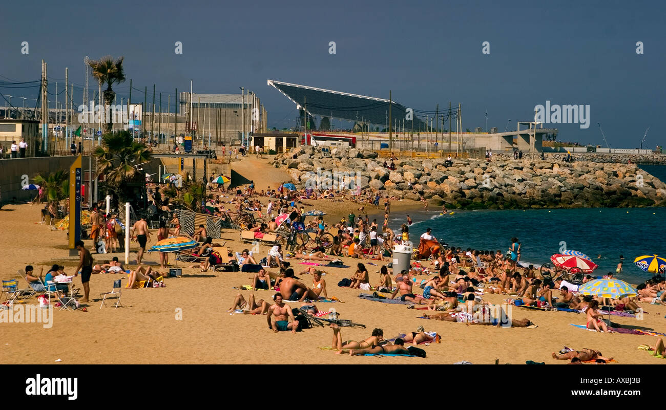 ESP Spain Barcelona beach Platja de la Barceloneta Forum Stock Photo