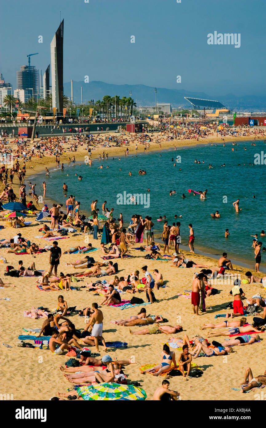ESP Spain Barcelona beach Platja de la Barceloneta Forum Tele shot Stock Photo