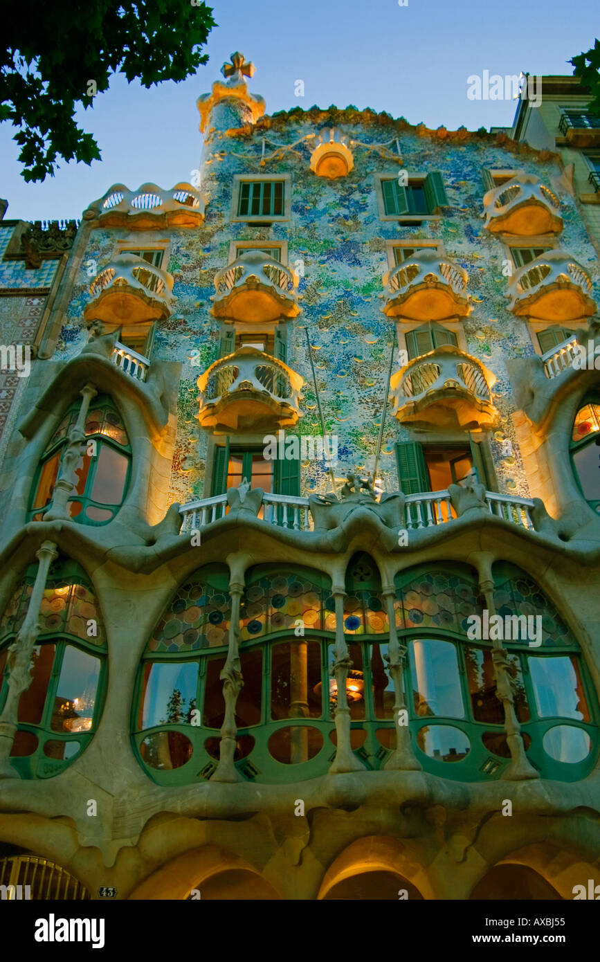 Casa Batllo 1904 1906 by Gaudi Barcelona Spain Fassade dusk Stock Photo