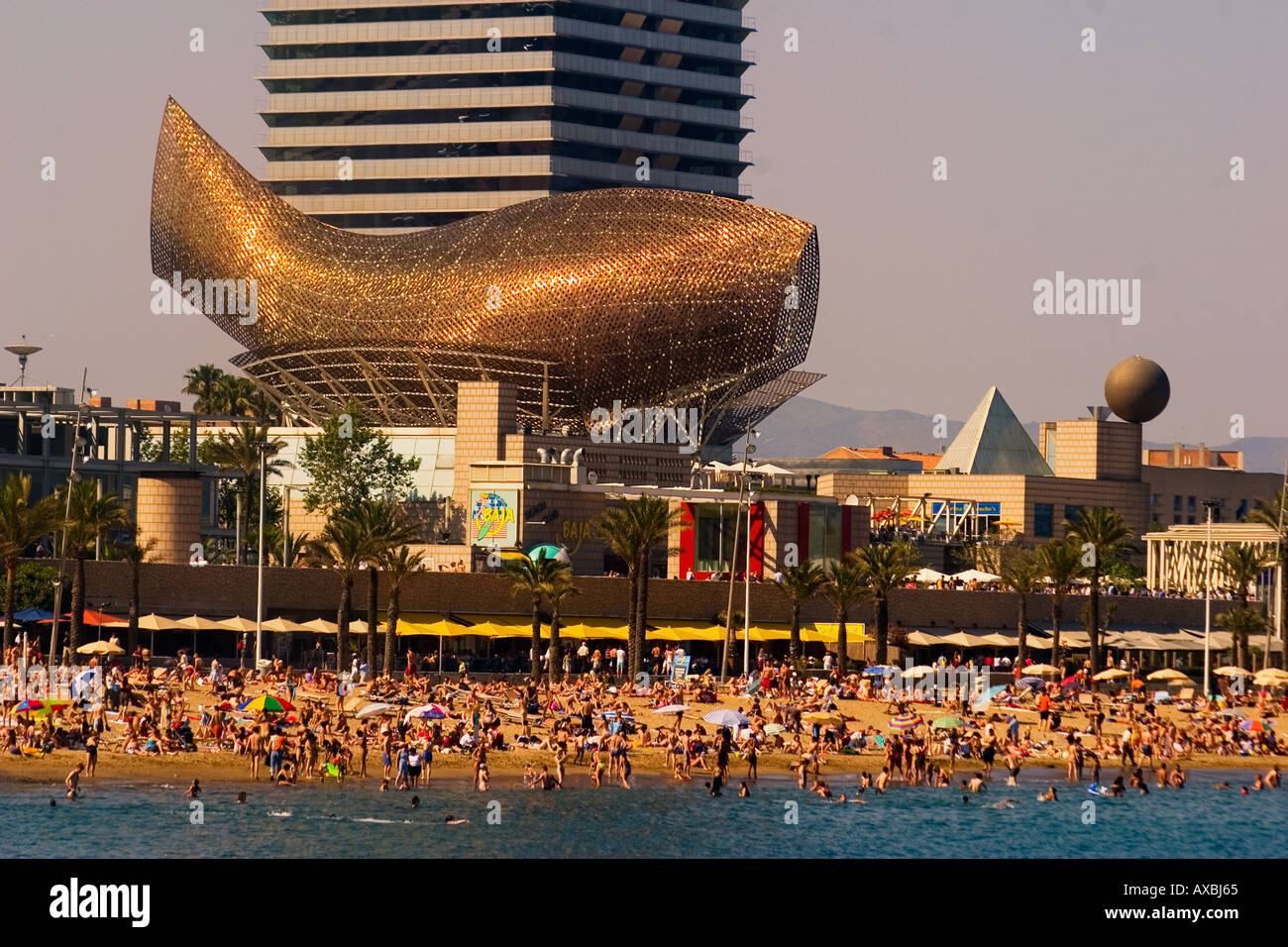 ESP Spain Barcelona beach Platja de la Barceloneta Hotels Arts skulpture by Frank Gehry Passeig Maritim Promenade Stock Photo