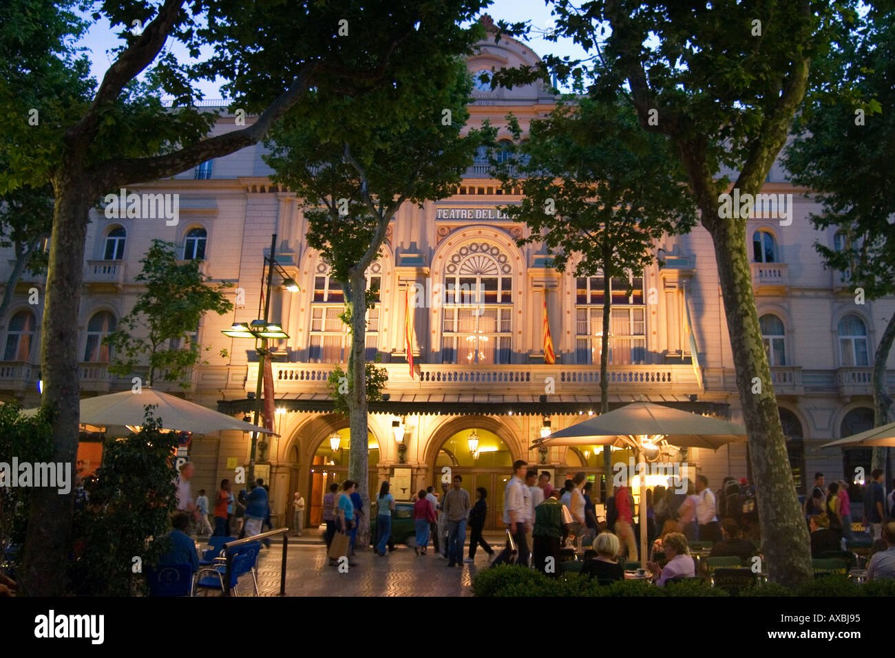 spain Barcelona Ramblas opera fassade illuminated at night Stock Photo