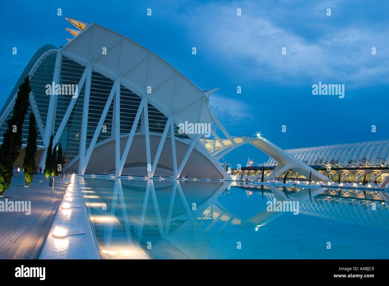 Spain Valencia City of sciences and arts by architect Santiago Calatrava twilight Stock Photo