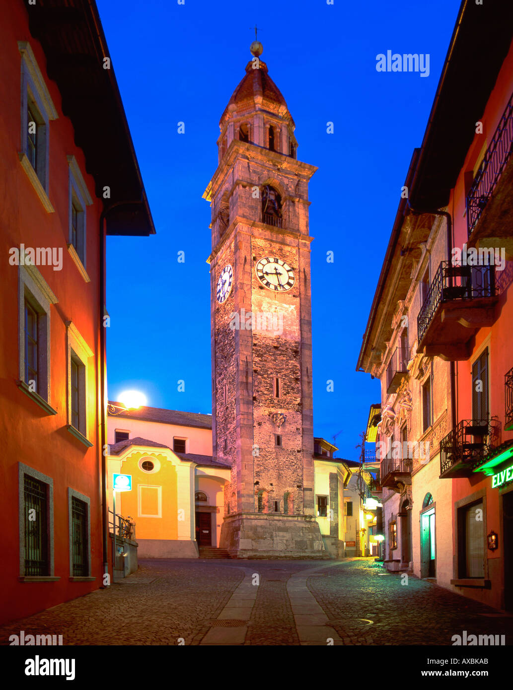 Switzerland Ticino Ascona church clock tower dusk Stock Photo