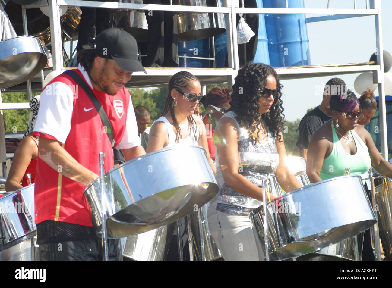 calypso steel band float drummers playing music notting hill carnival
