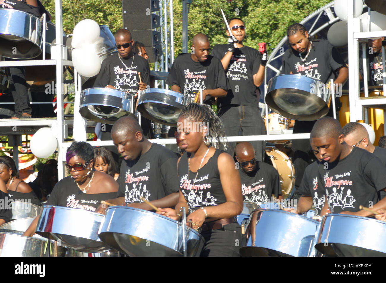 calypso steel band float drummers playing music notting hill carnival