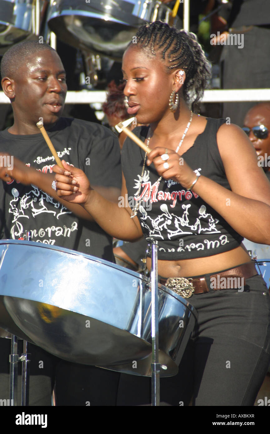 calypso steel band float drummers arms raised notting hill carnival