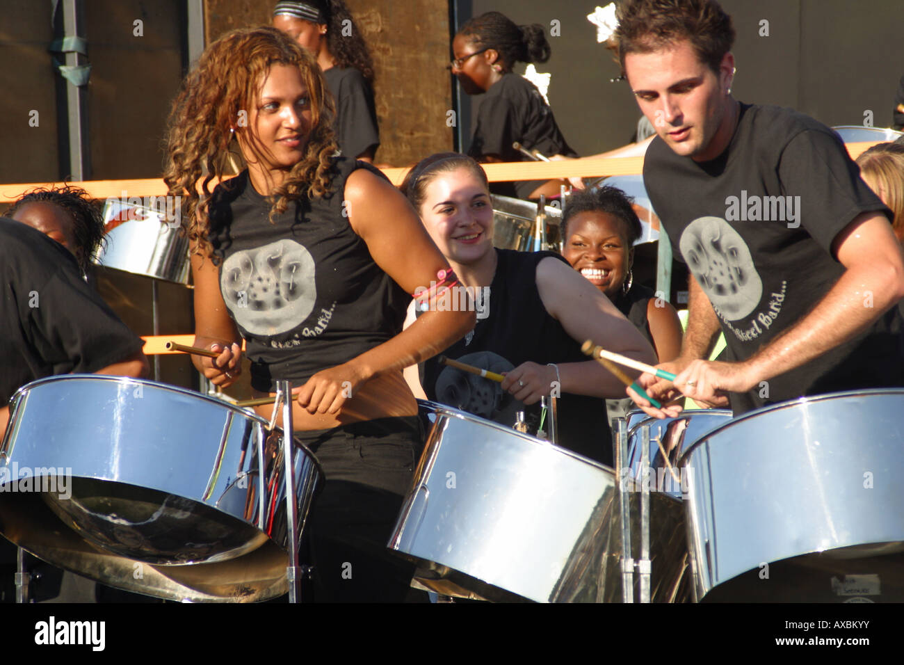 calypso steel band float drummers playing music notting hill carnival