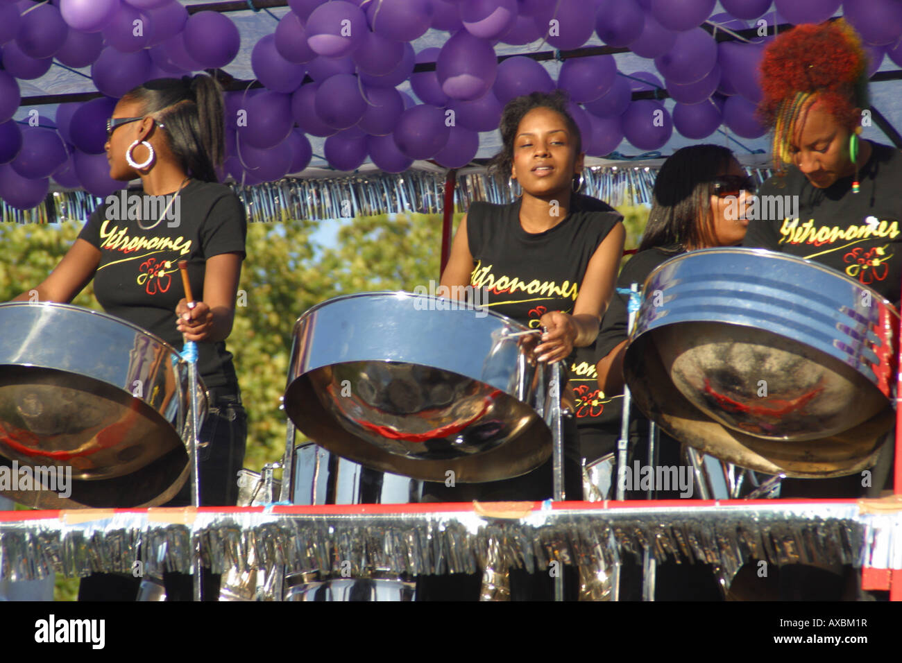 calypso steel band float drummers playing music notting hill carnival