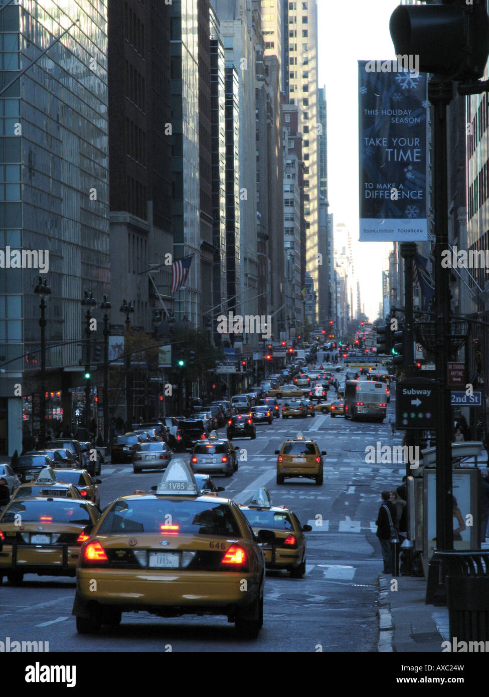 New York taxis in the traffic surrounded by high risers, USA, USA, New York (state) Stock Photo