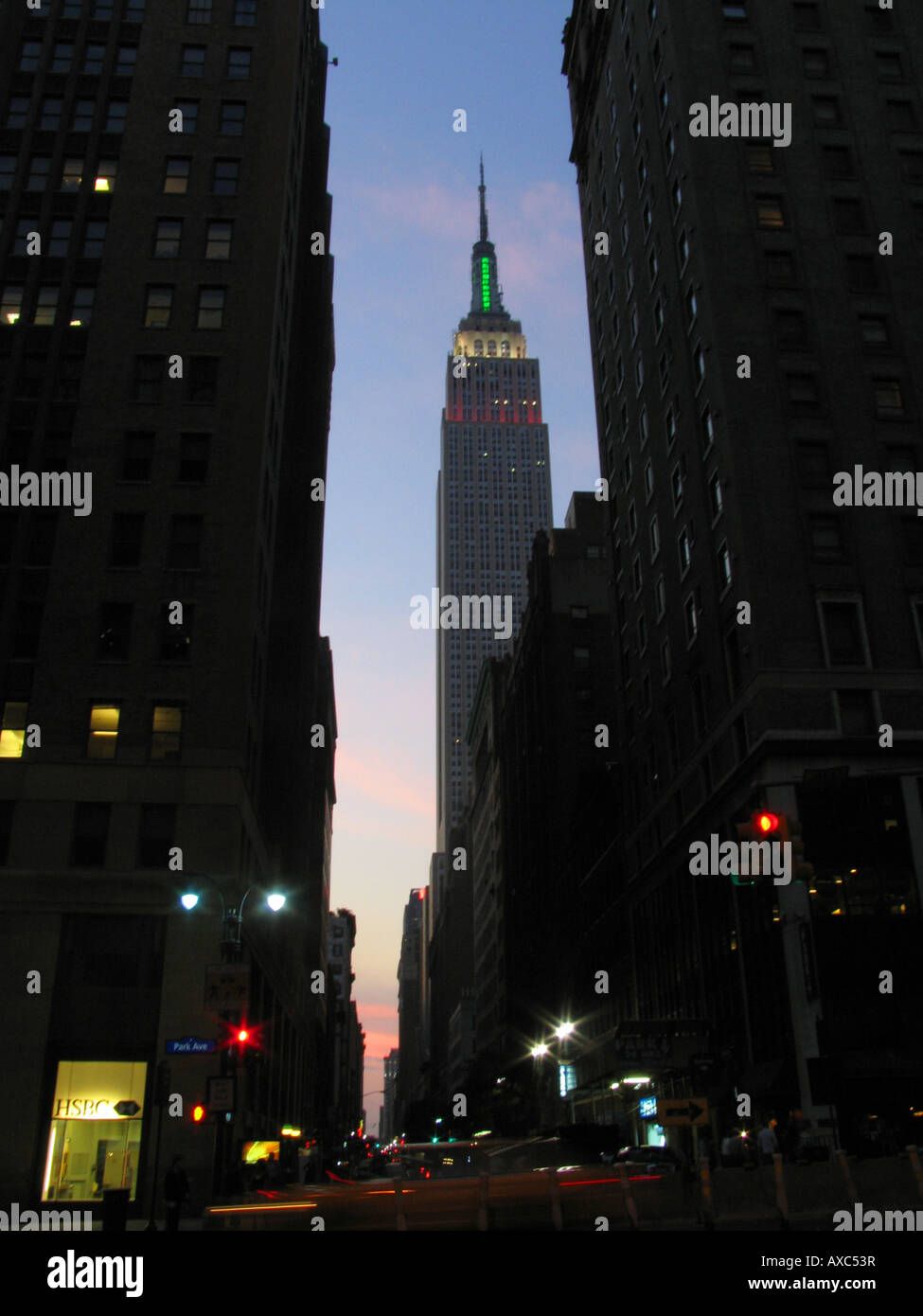 Empire State Building illuminated at dusk in colours of Italian flag in ...