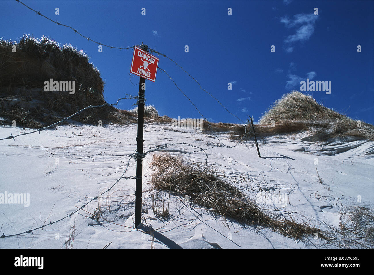 minefield with sign and barbed wire Stock Photo