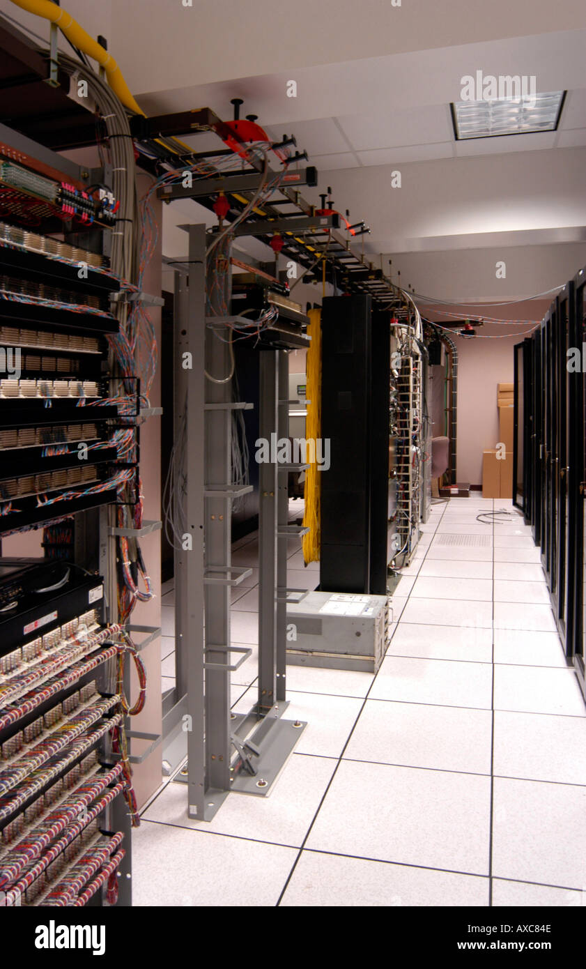 Interior view of telecommunications network computer switching room ...