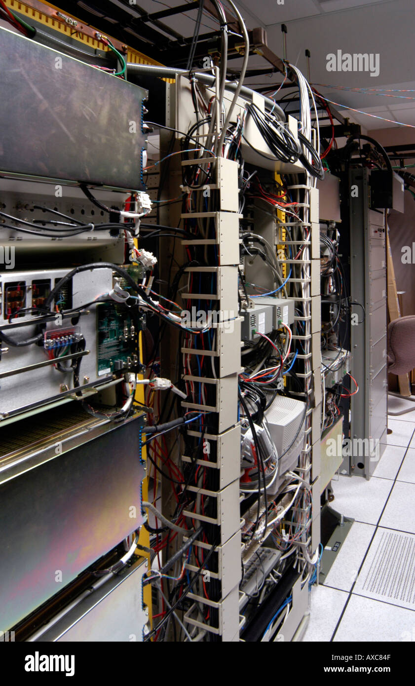 Interior view of telecommunications network computer switching room ...