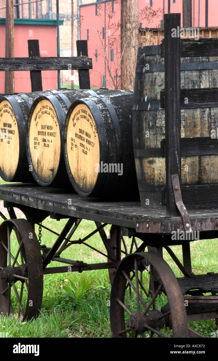 Barrels of Buffalo Trace Kentucky Bourbon Whiskey on horse drawn wagon at distillery in Frankfort Kentucky Stock Photo