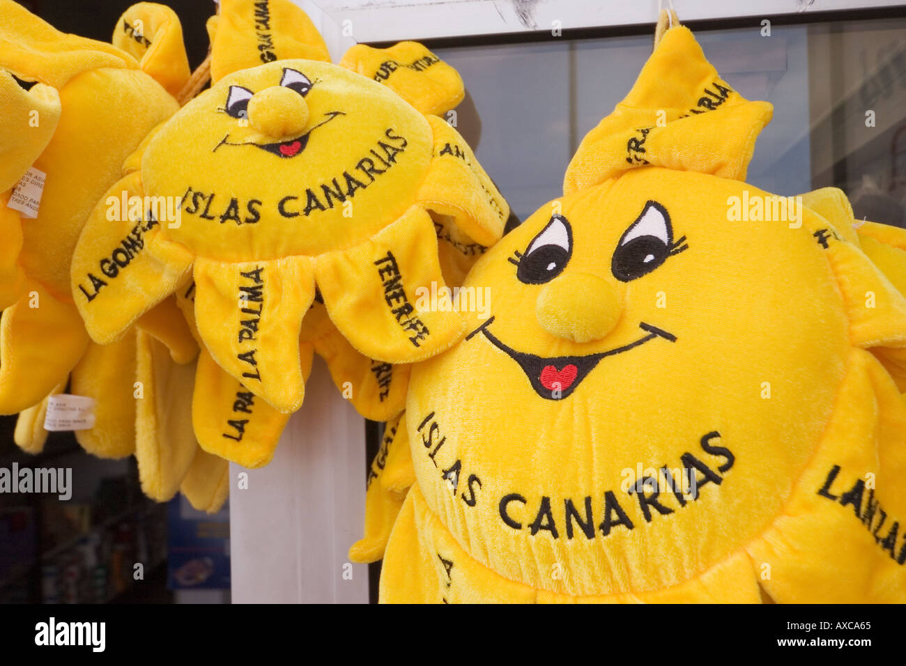 Canary Islands sunshine toys made of cloth on sale in tourist area Stock Photo