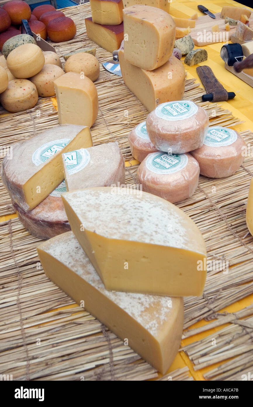 Welsh cheeses on sale at Farmers Market Cardiff South Wales UK Stock Photo