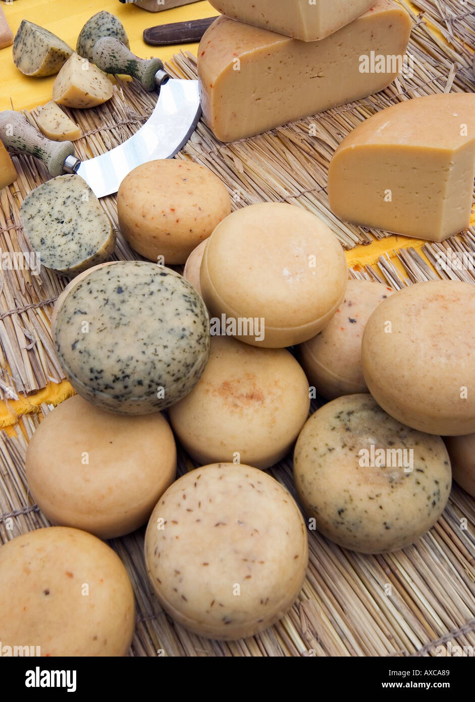 Welsh cheeses on sale at Farmers Market Cardiff South Wales UK Stock Photo