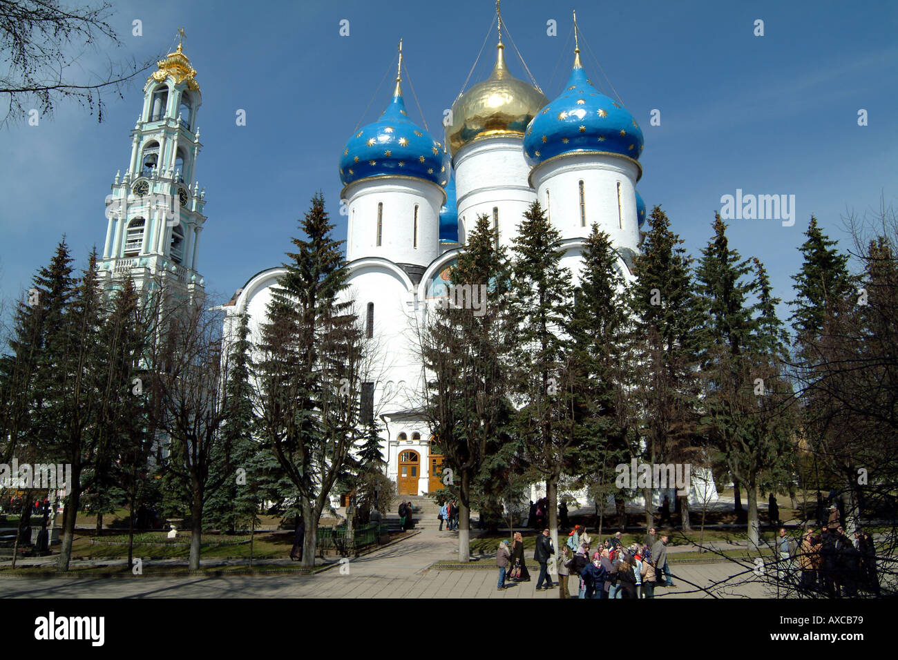 The Bell Tower and Cathedral of the Assumption at Trinity Monastery of St Sergius at Sergiev Posad NE of Moscow Russia Stock Photo
