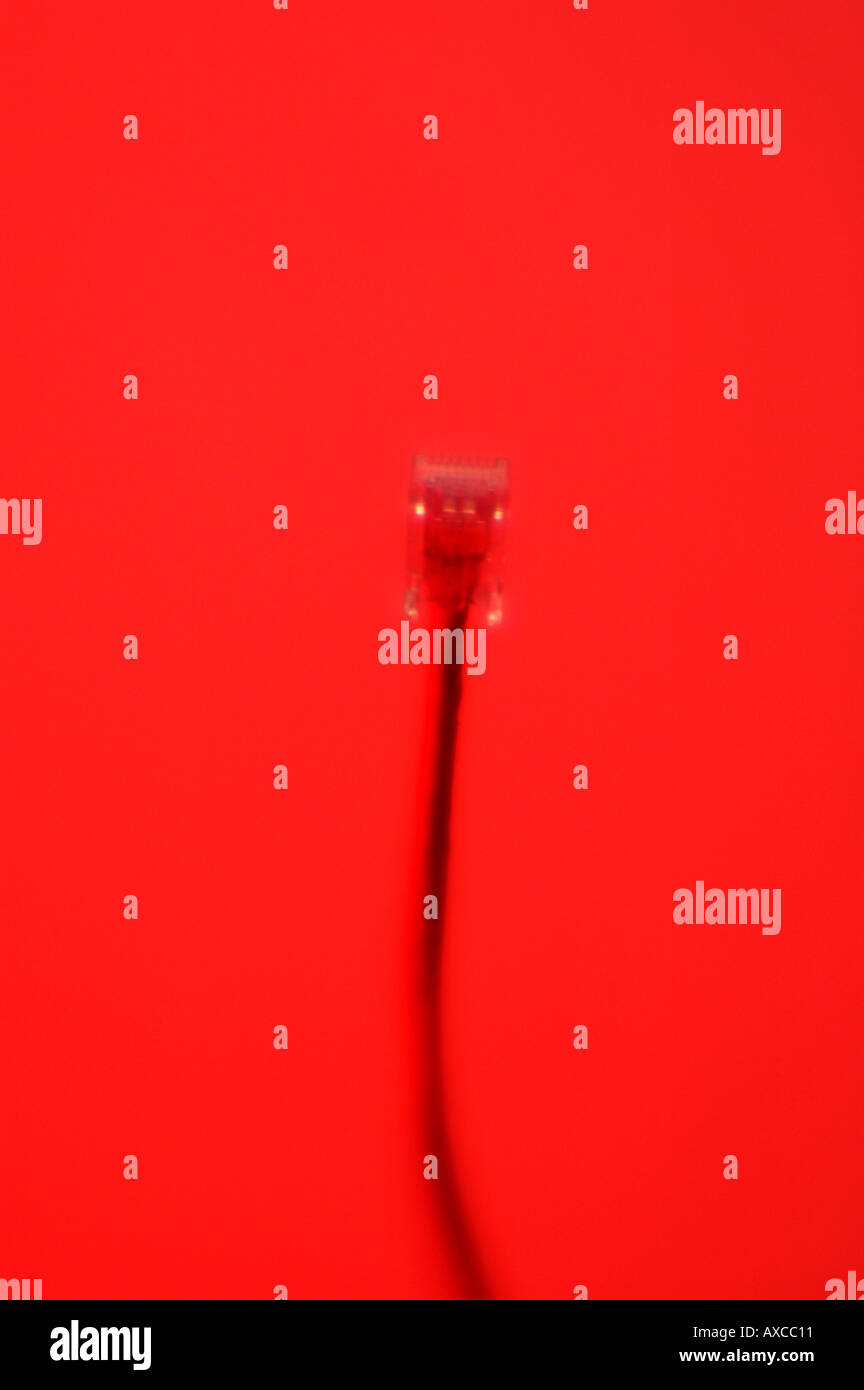 An ethernet cable connection cord with a vibrant red background ...