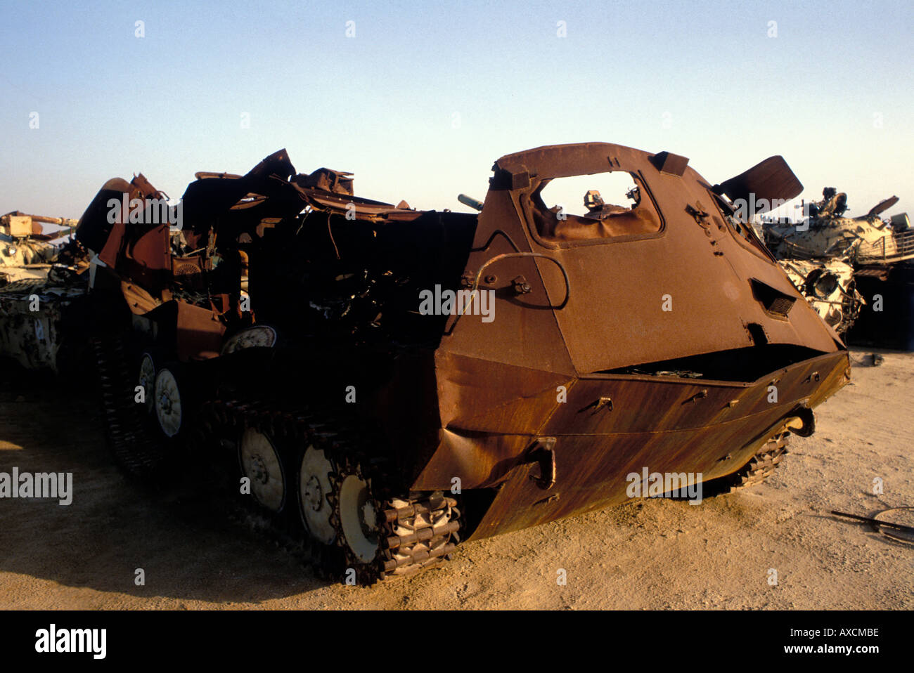 One of the many armoured vehicles lost by Saddam Hussain s Iraqi Army many were destroyed by depleted uranium shells. Stock Photo