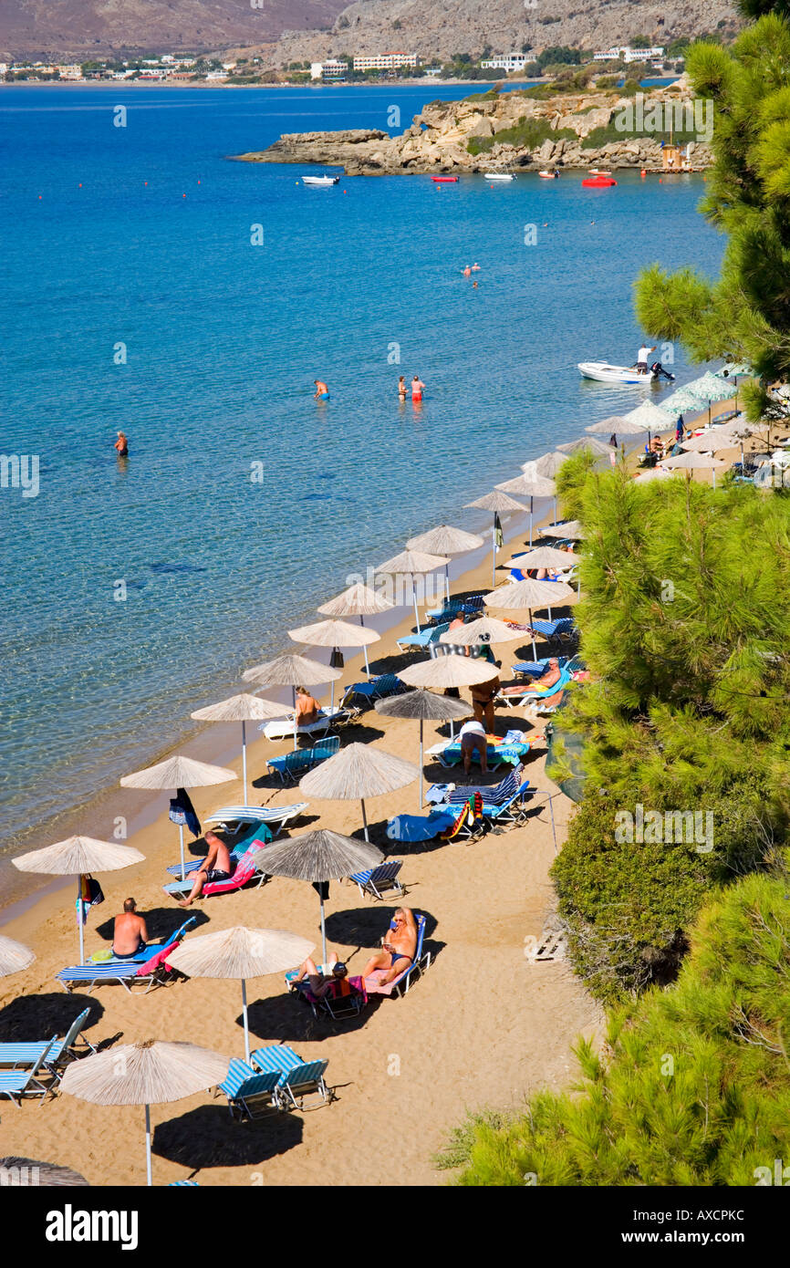 MAIN BEACH PEFKOS NEAR LINDOS RHODES Stock Photo