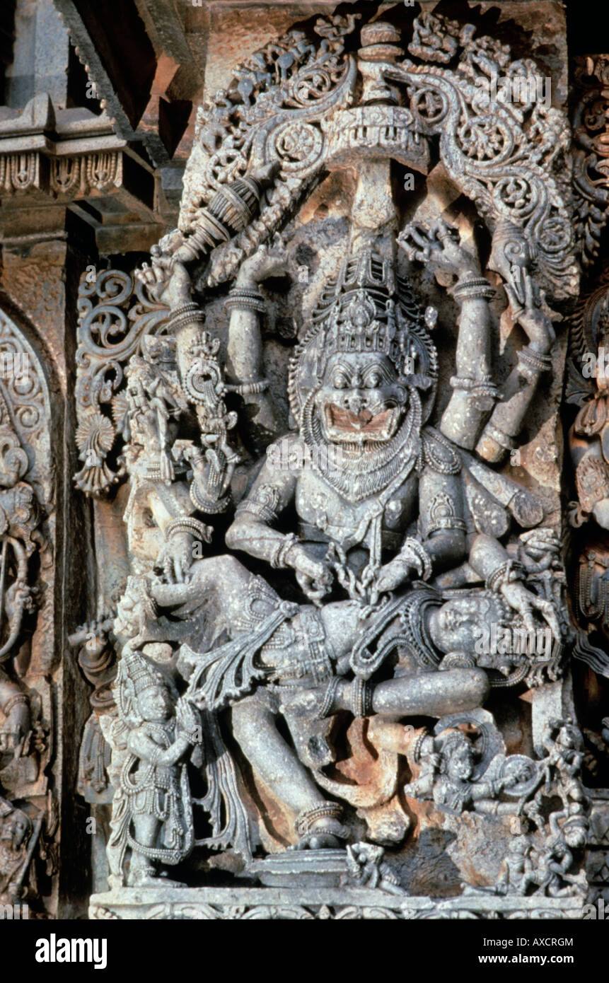 Halebid (India) hoysalesvara temple Narasimha. Stock Photo