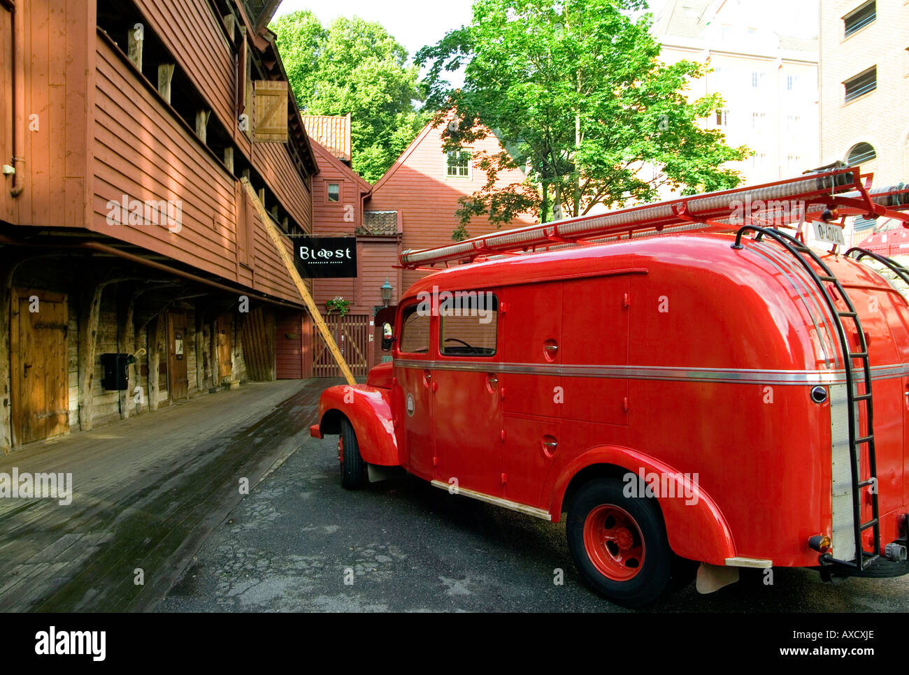Firefighters classic truck.Bryggen historic district.Bergen.Norway Stock Photo