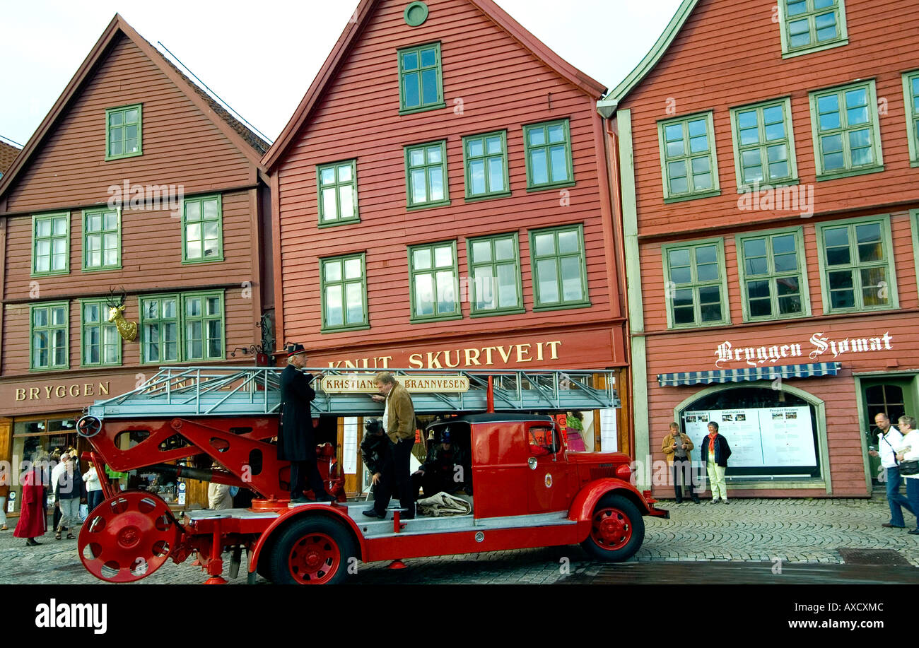 Firefighters parade.Bryggen waterfront.Bergen.Norway Stock Photo