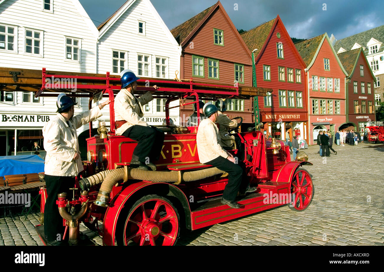 Firefighters parade.Bryggen waterfront.Bergen.Norway Stock Photo
