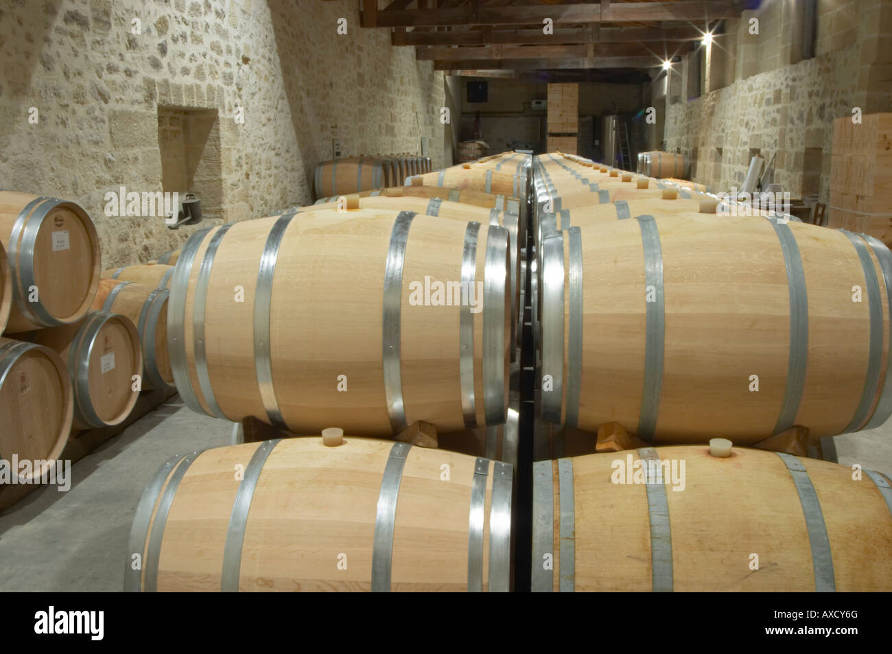 Oak barrel aging and fermentation cellar. Chateau Clos Fourtet, Saint
