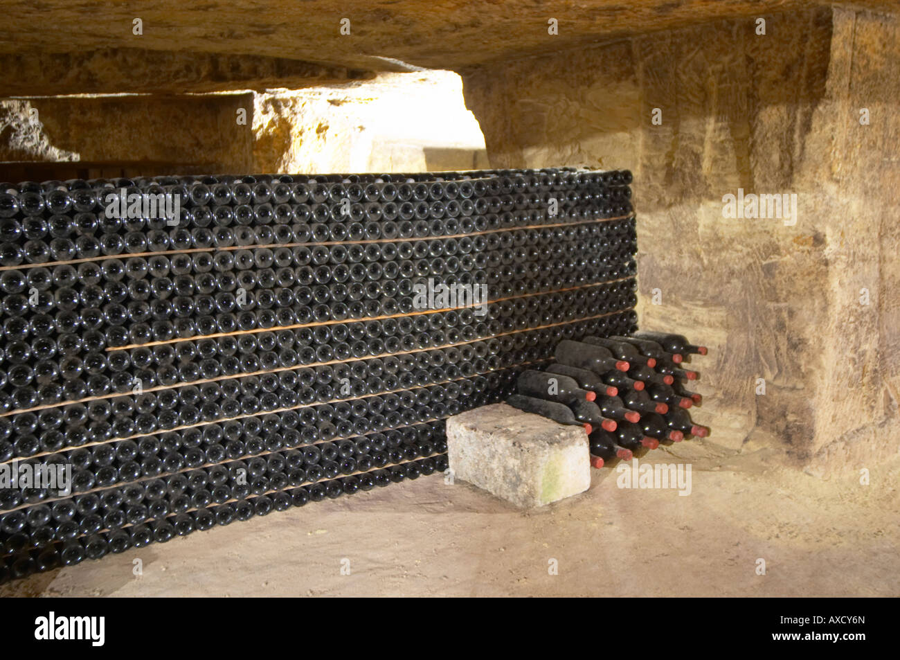 Bottles aging in the cellar. An old quarry. Chateau Clos Fourtet, Saint