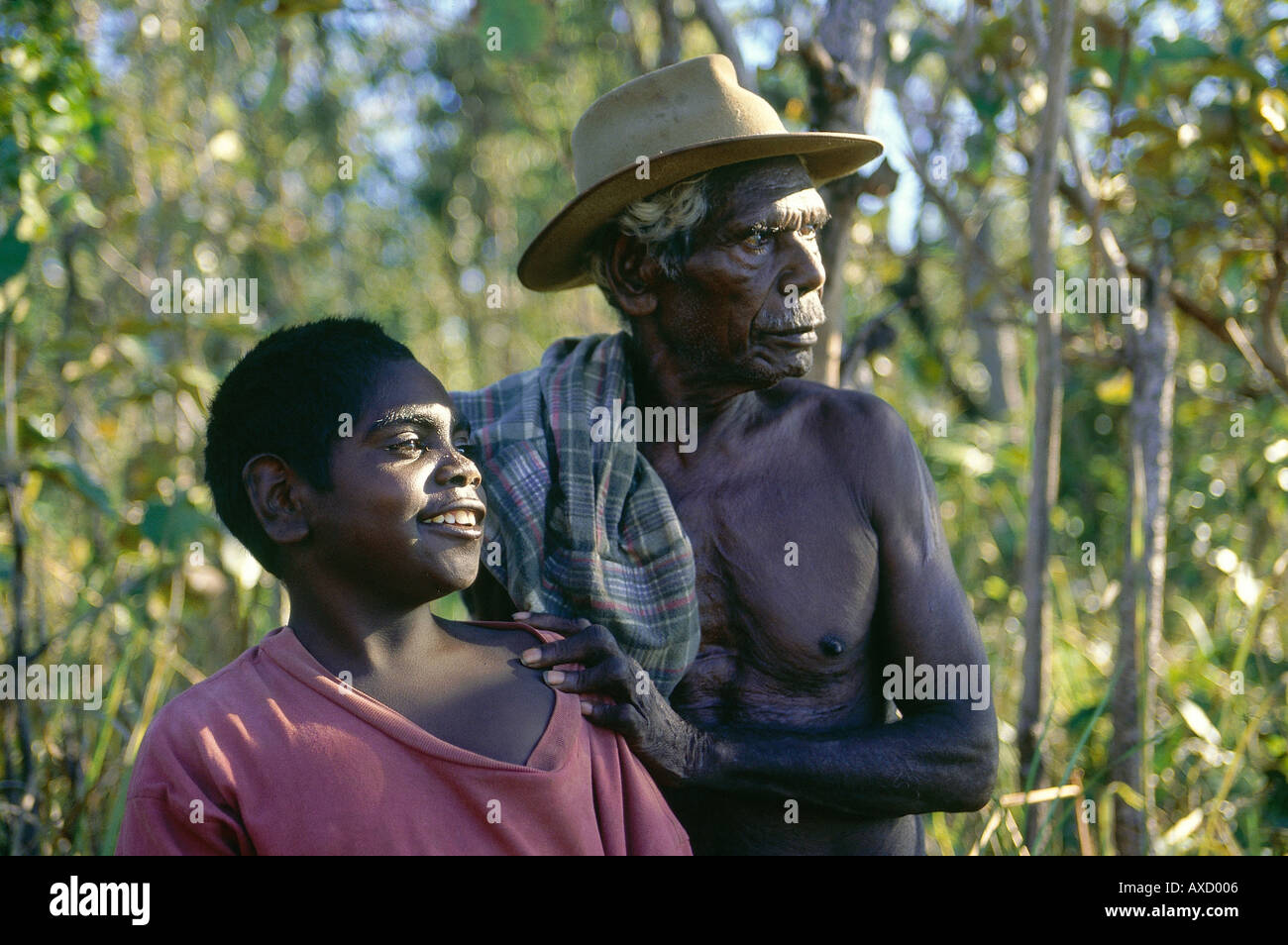 David Daymirringu Malangi famous aboriginal artist in his clan country with his grandson near Yathalamarra remote ArnhemLand Stock Photo