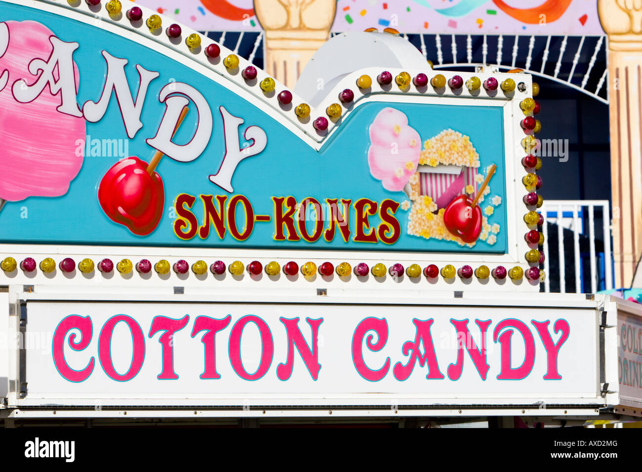 Sno Kone snow cone and cotton candy sign at carnival in USA Stock Photo