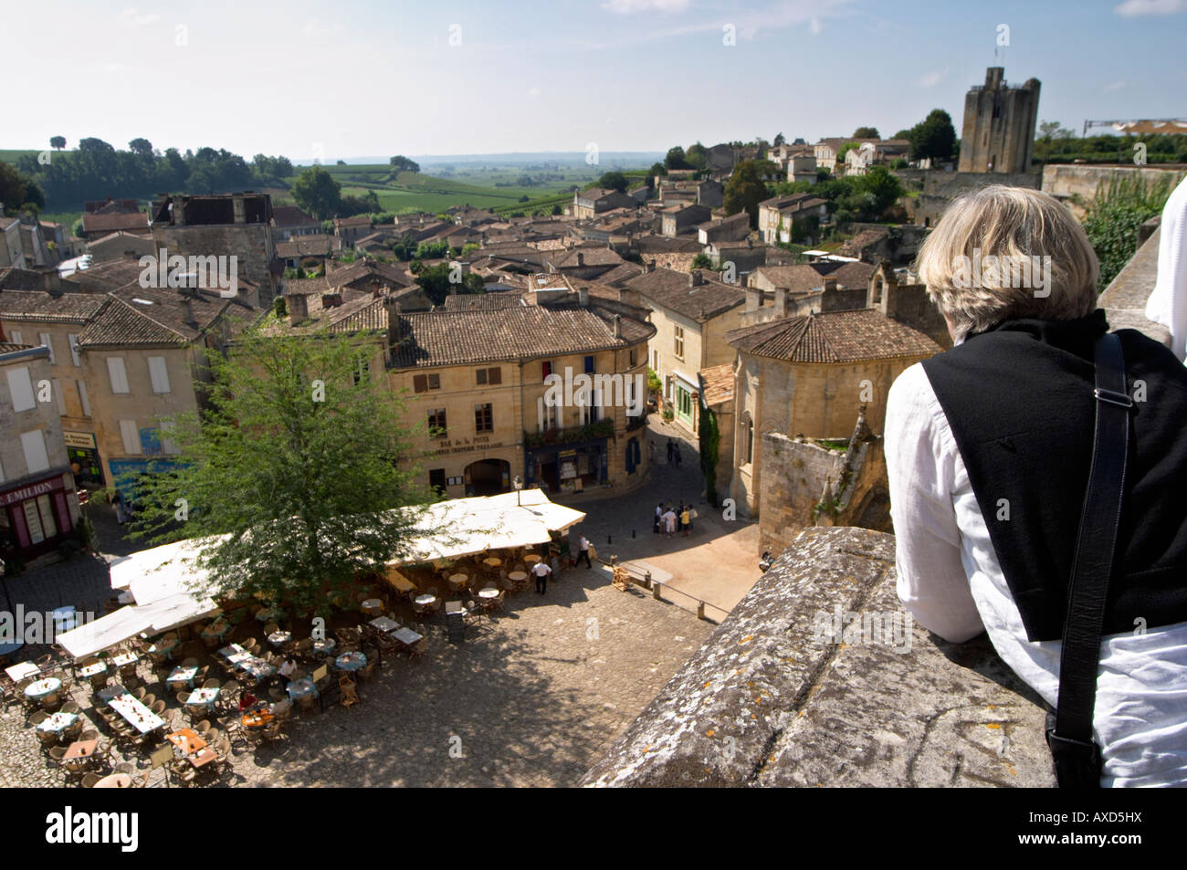 View over the town. The main square with cafes. The town. Saint Emilion, Bordeaux, France Stock Photo