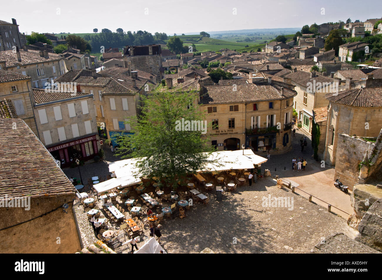 View over the town. The main square with cafes. The town. Saint Emilion, Bordeaux, France Stock Photo