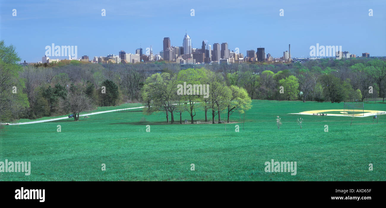 Philadelphia Skyline With Fairmont Park In ForeGround Stock Photo