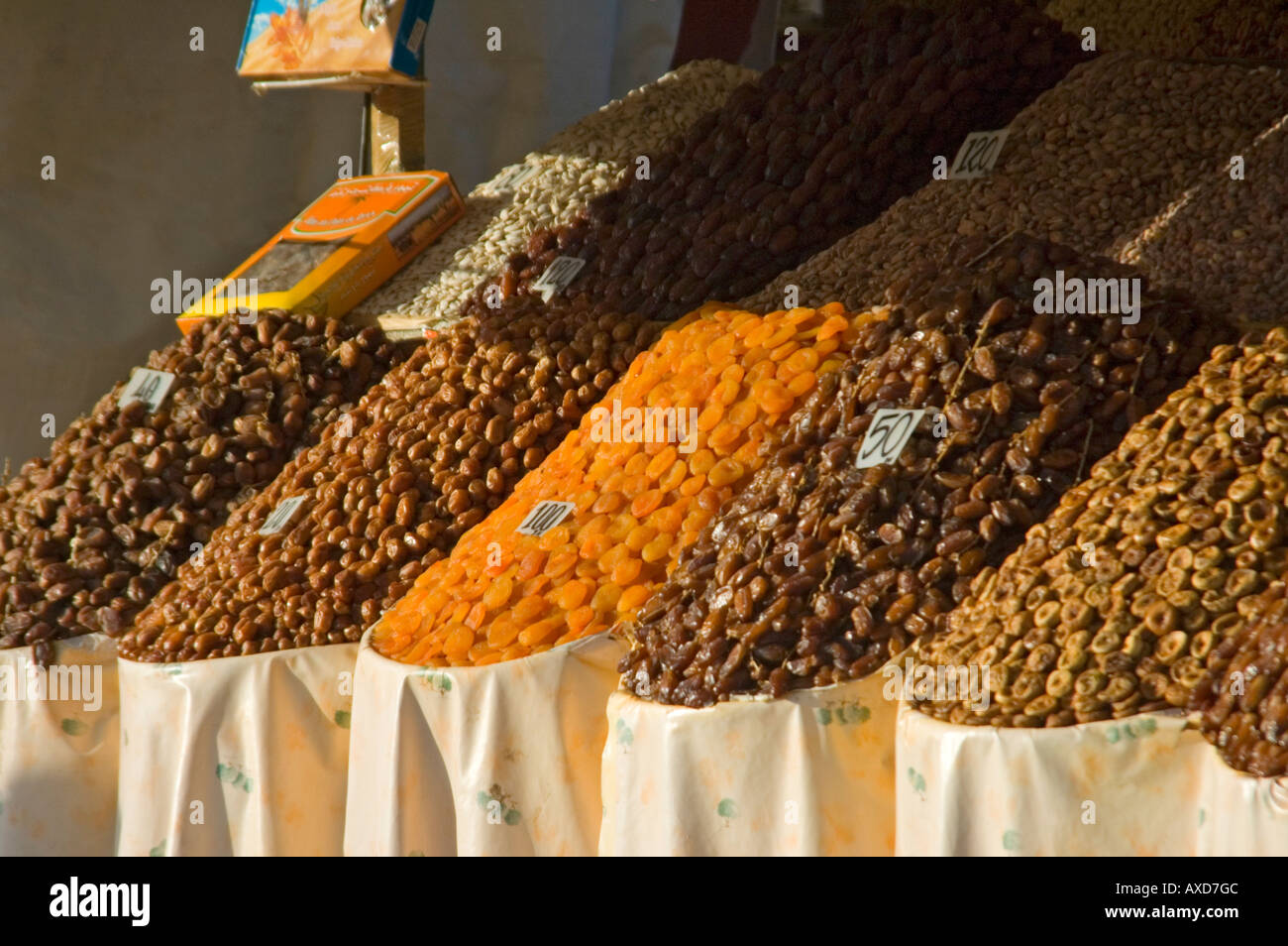 Horizontal elevated view of a dried fruits and nuts stall in Place Jemaa El Fna. Stock Photo