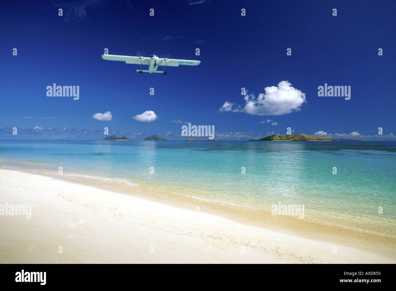 This tropical island scene was shot on Mana Island in the Mamanucas Group Fiji  Stock Photo
