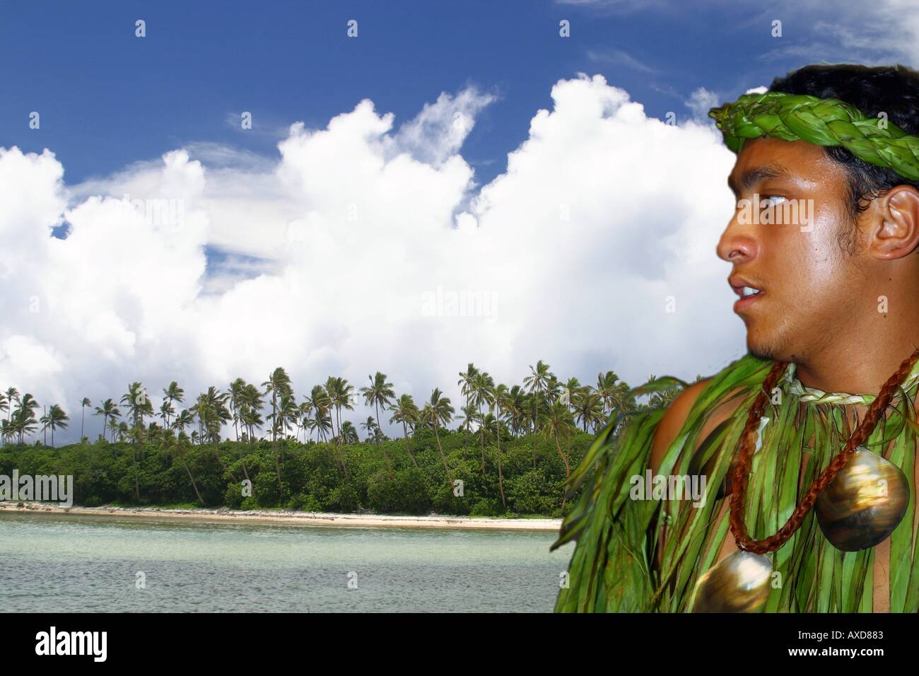 This Cook Island dancer was digitally added to this South Pacific island scene Rarotonga The Cook Islands  Stock Photo