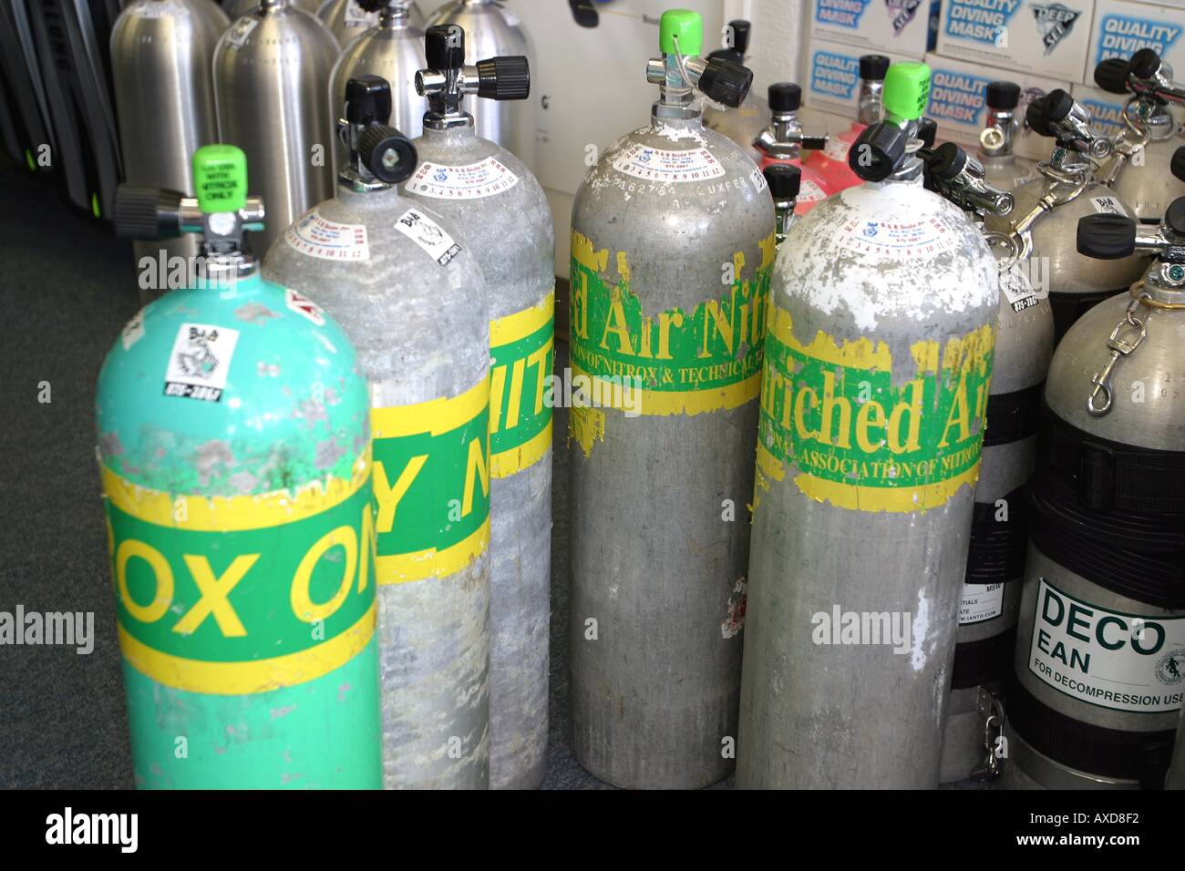 These nitrox tanks are well marked for advanced divers use Hawaii Stock