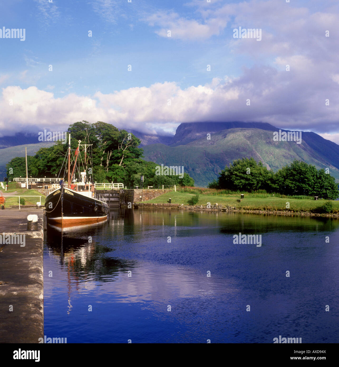 View from The Caledonian Canal at Corpach showing Ben Nevis Stock Photo