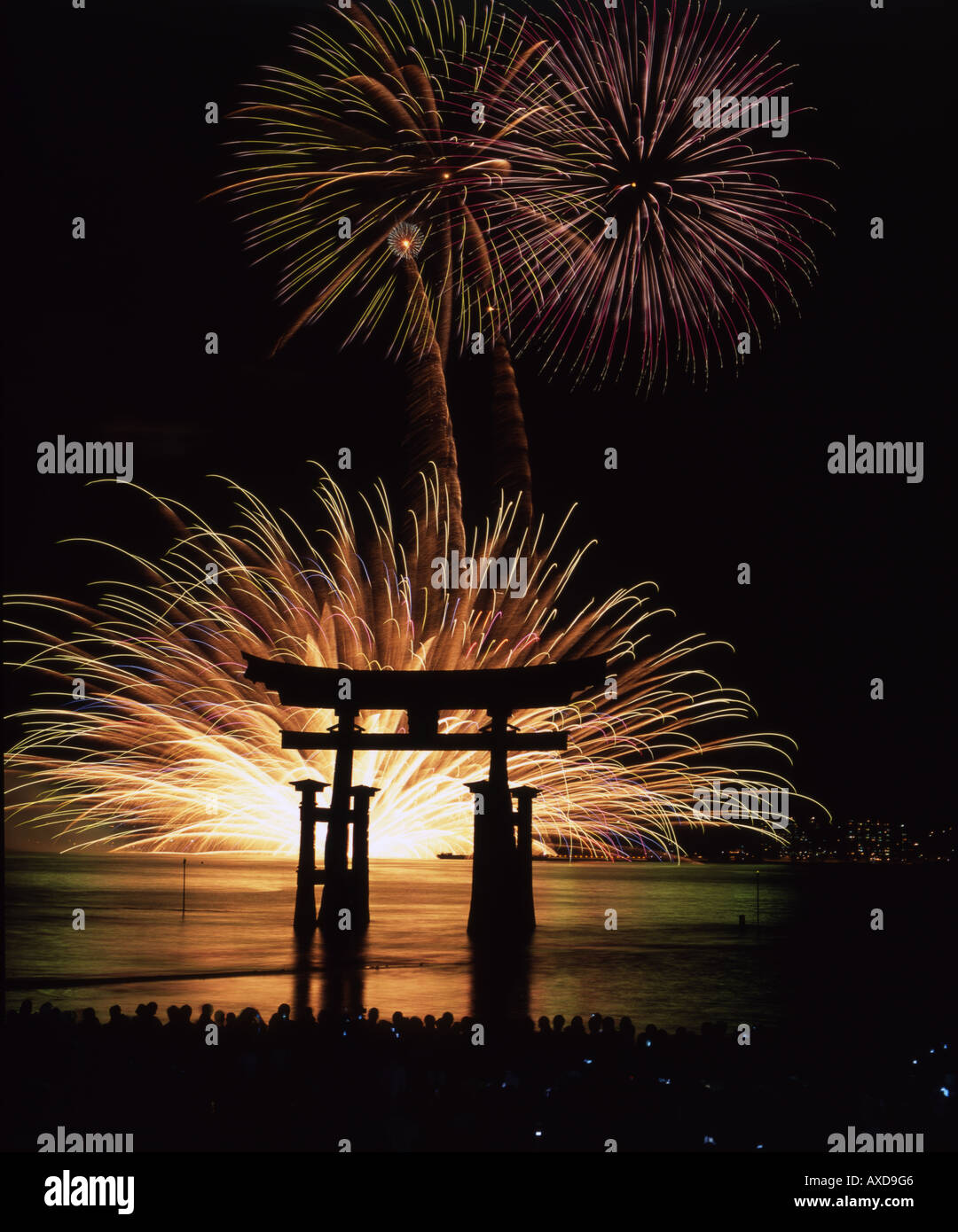 Firework Festival. The floating torii gate at Itsukushima Shrine, Miyajima Island, Hiroshima Prefecture, Japan. Stock Photo